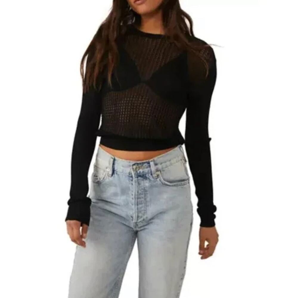 Free People NWT H20 Crew Neck Mesh Pullover Sheer Long Sleeve NWT SIZE S - Picture 2 of 6